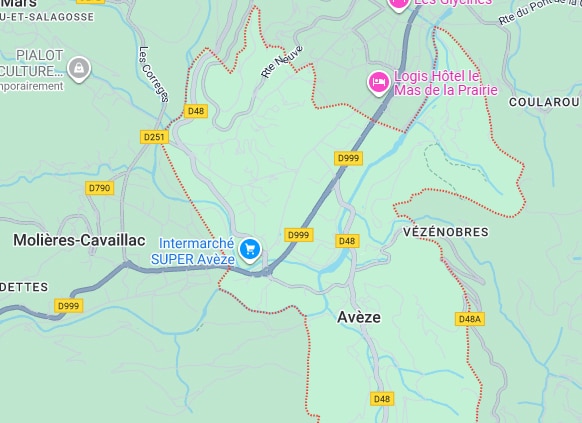 Carte détaillée : Molières-Cavaillac, Avèze, Vézénobres et routes Carte routière de Molières-Cavaillac, Avèze, Vézénobres, Mars. Routes D999, D48, Intermarché SUPER Avèze, Logis Hôtel.