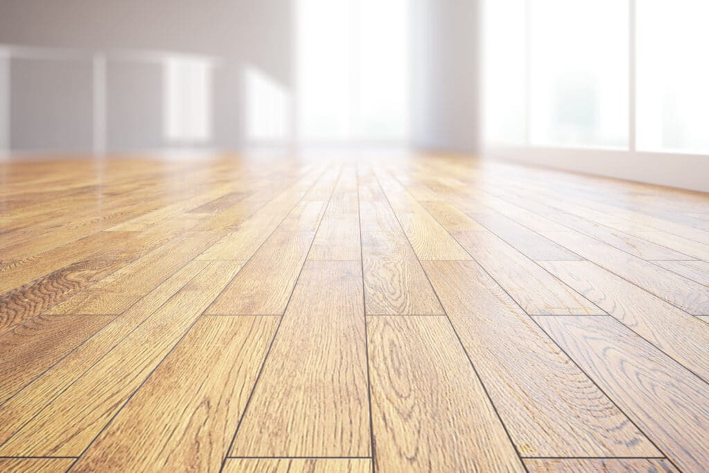 Parquet Bois Clair Moderne - Luminosité et Design Intérieur Sol en parquet de bois clair poli avec grain visible, dans un intérieur moderne et lumineux. Arrière-plan flou, murs blancs.